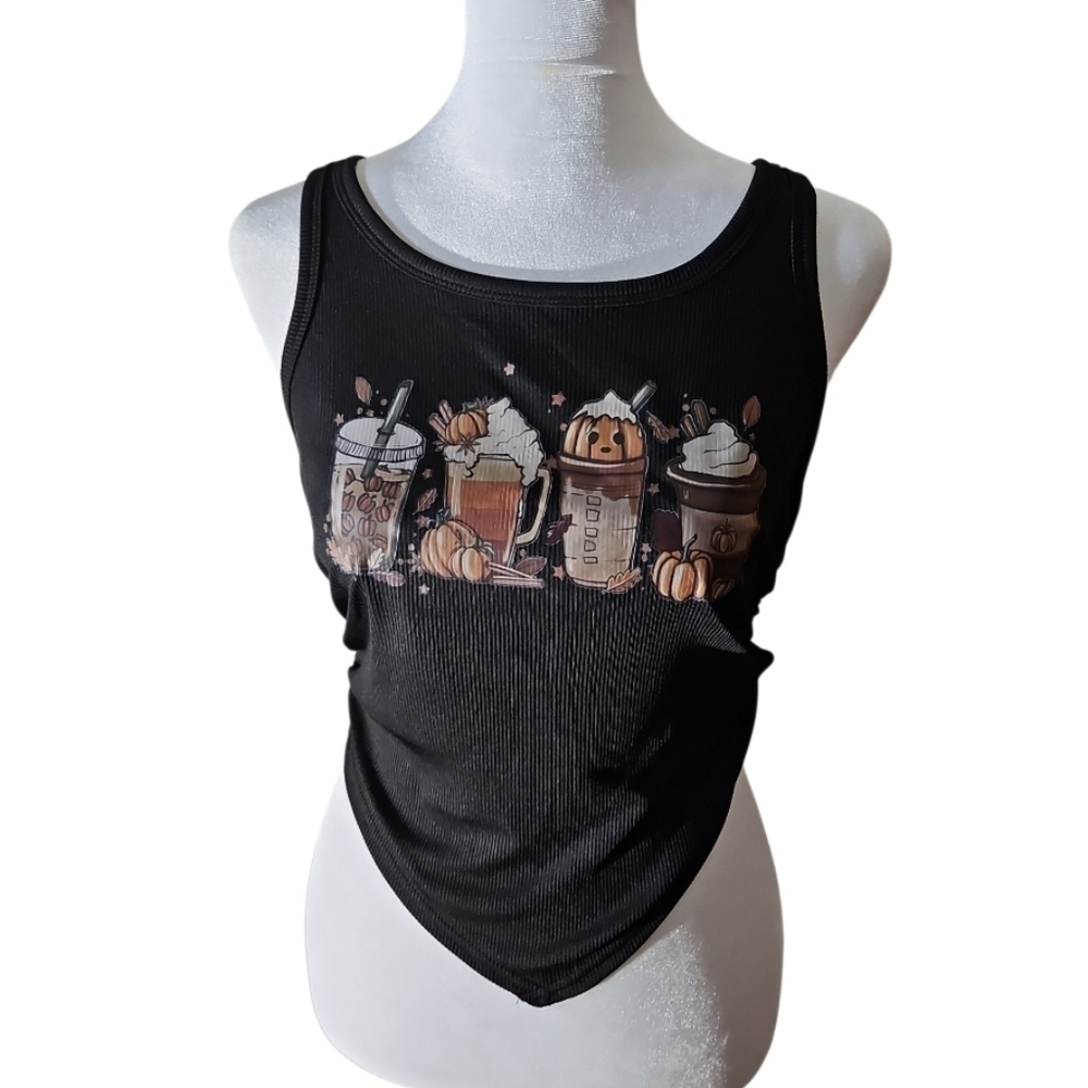 Upcycled Pumpkin Spice Skull Tank Top Handmade Large Black
